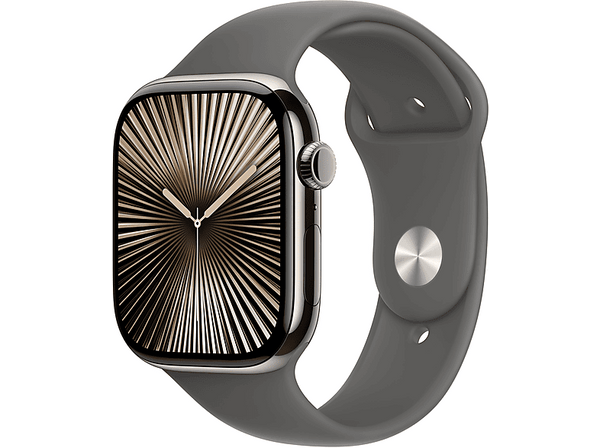 Apple Watch Series 10 (2024), GPS + Cellular, 46 mm, Gesto de doble toque, Caja de titanio Natural, Correa deportiva Gris piedra, Talla M/L
