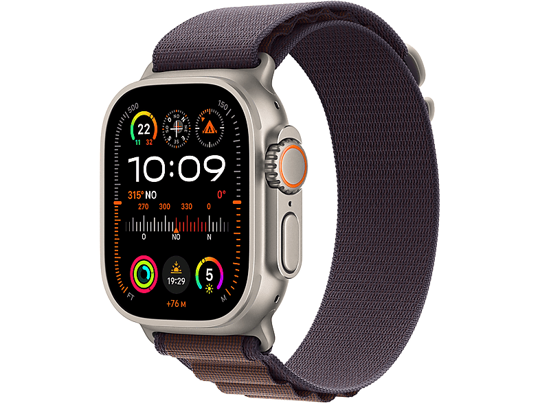 Apple Watch Ultra 2 (2023), GPS + Cellular, 49 mm, Caja de titanio, Gesto doble toque, Correa Alpine Loop en Talla L de color Índigo