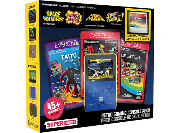 Consola retro portátil - Evercade Super Pocket: Capcom Bundle 1, 3 Cartuchos: Taito + Rare + Activision, Azul