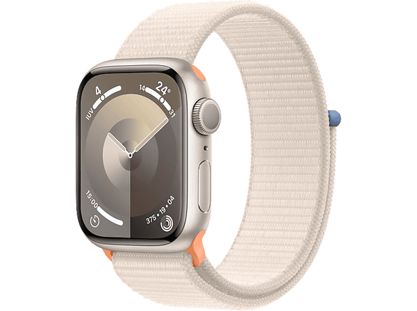 Apple Watch Series 9 (2023), GPS, 41 mm, Gesto de doble toque, Caja de aluminio blanco estrella, Correa Sport Loop blanco estrella