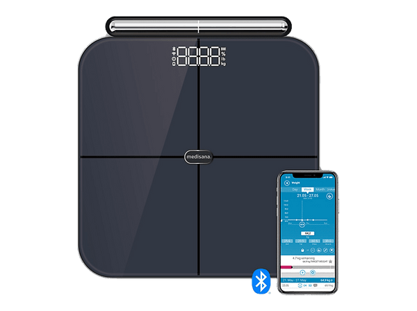 Báscula inteligente - Medisana BS 850 connect, 180 kg, Pantalla LED 7.5×2.9 cm, 8 electrodos para manos y pies, Negro