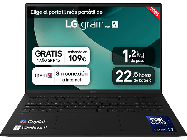 Portátil - LG 16Z90T-G.AD8BB, 16" WQXGA, Intel® Evo™ Core™ Ultra 7-255H, 32 GB RAM, 2 TB SSD, Arc™ GPU, W11H, Negro