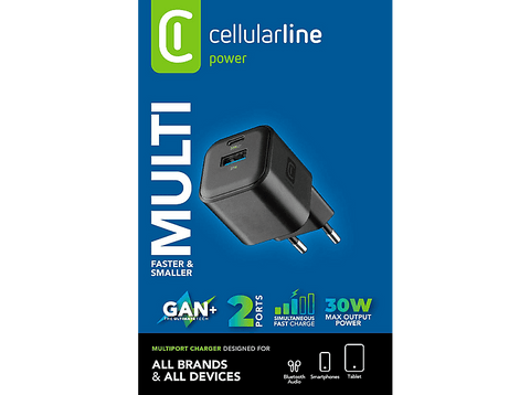 Cargador de pared - CellularLine Multipower 2 GaN, 35 W, Carga rápida, Universal, Negro