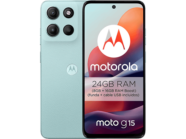 Móvil - Motorola Moto g15, Salt Air, 128 GB, 8 GB RAM, 6.72" LCD, MediaTek Helio G81, Full HD+, Cuero Vegano, 5200 mAh