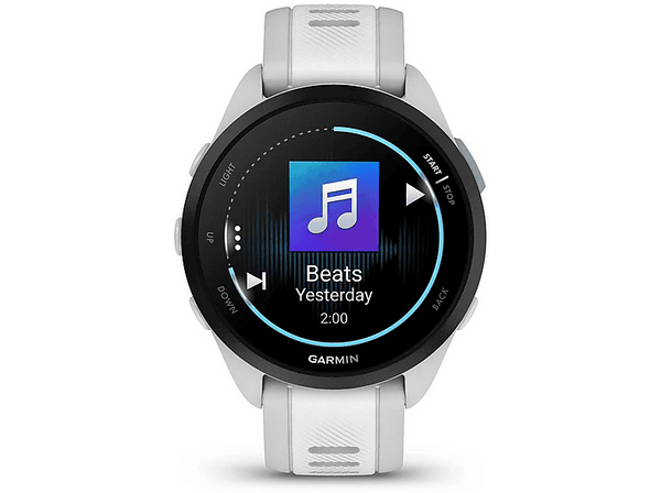 Reloj deportivo - Garmin Forerunner® 165 Music, Blanco, 20 mm, 1.2" AMOLED, 4 GB, Garmin Pay™, Control inteligente