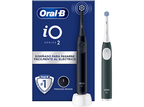 Cepillo eléctrico - Oral-B iO 2, Pack de dos cepillos eléctricos, 2 cabezales, Diseñados por Braun, Negro Noche y Verde Bosque