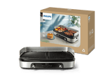 Grill - Philips Grill 5000 2400W Dual Zone HD6222/90, Placas reversibles, 2 zonas grill, Protector salpicaduras, Piedra Maifan, 1400 cm2, 2400W, Negro