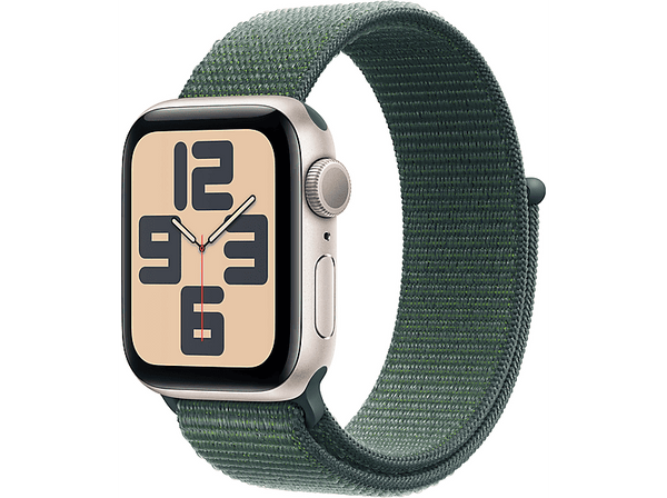 Apple Watch SE (2024), GPS, 40 mm, Caja de aluminio Blanco estrella, Vidrio delantero Ion-X, Correa Loop deportiva Verde lago