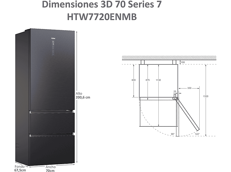 Frigorífico combi - Haier 3D 70 Series HTW7720ENMB, No Frost, 483 l, 200 cm, Motor Inverter, Daylight LED, Wi-Fi , Negro