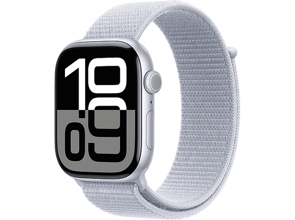 Apple Watch Series 10 (2024), GPS, 46 mm, Gesto de doble toque, Caja de aluminio plata, Correa Loop deportiva Azul nube
