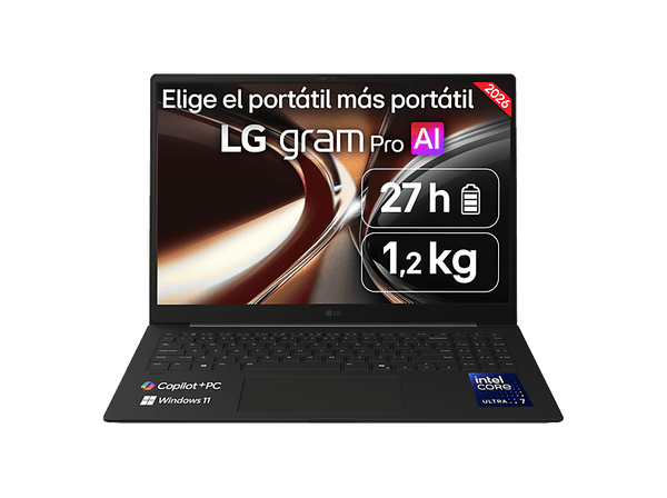 Portátil - LG Gram Pro 16Z90U-K.AUB8BN Copilot+ PC, 16" WQXGA+, Intel® Core™ Ultra X7 358H 50 TOPS, 32GB RAM, 1 TB SSD, Windows 11 Home, Sin cargador