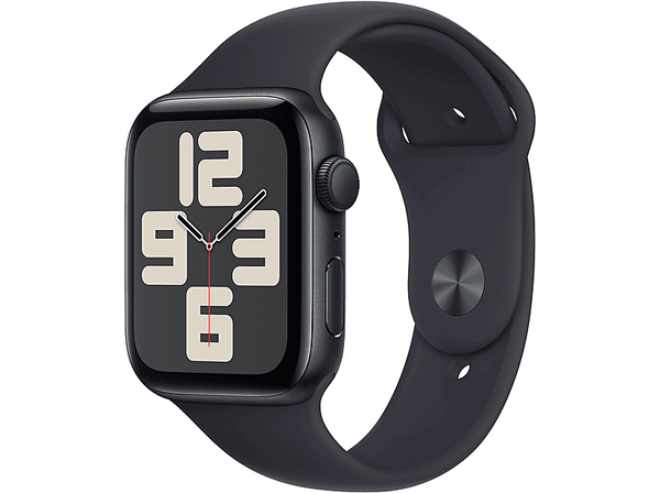 APPLE Watch SE (2023), GPS, 44 mm, Caja de aluminio medianoche, Vidrio delantero Ion-X, Talla S/M, Correa deportiva medianoche