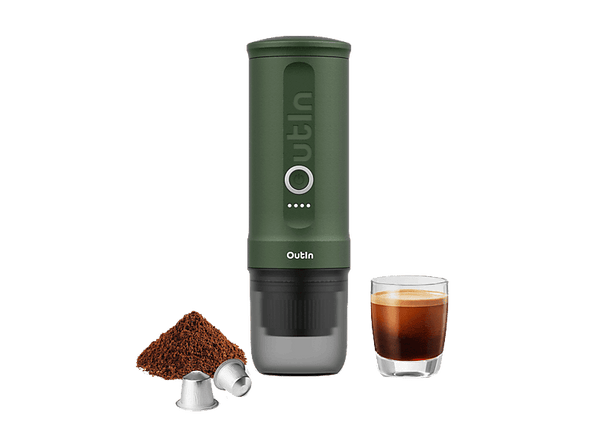 Cafetera de cápsulas - Outin OTEM-01-FG, 20 bar, 80 ml, 10 W, Portátil, Compacta y Ultraligera, Verde
