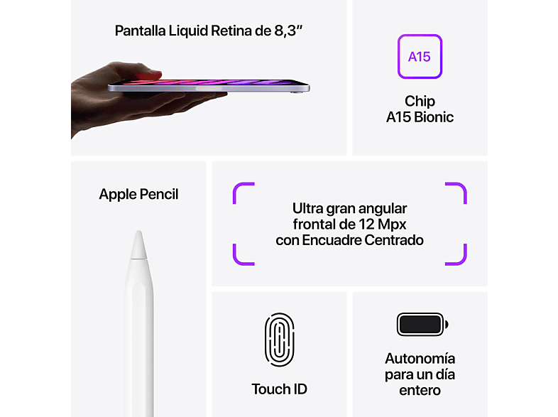 APPLE iPad mini (2021 6ª gen), 64 GB, Rosa, WiFi, 8.3 , Retina, Chip A15 Bionic, iPadOS