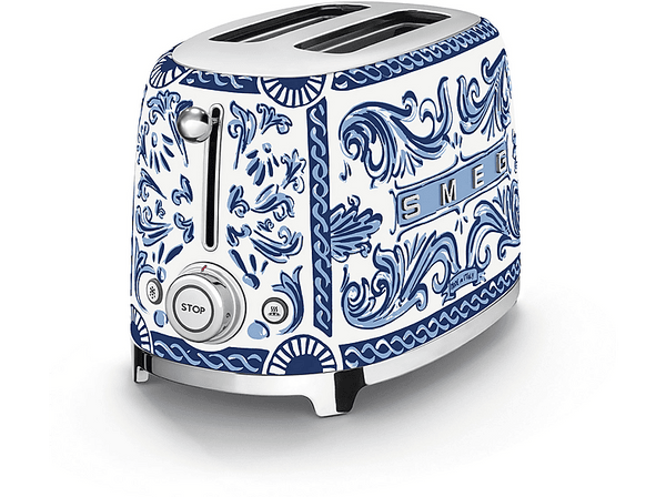 Tostadora - Smeg Blu Mediterraneo por D&G, 950 W, 2 Ranuras, Rebanadas cortas, 6 Niveles tostado, 50's Style