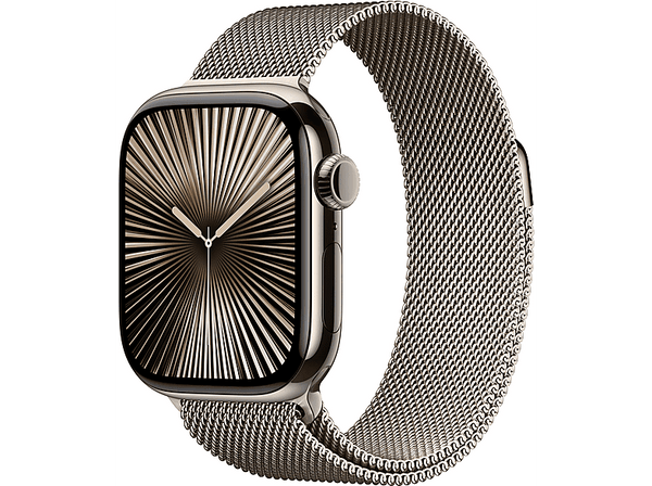 Apple Watch Series 10 (2024), GPS + Cellular, 46 mm, Gesto de doble toque, Caja de titanio Natural, Correa Milanese Loop Natural, Talla M/L