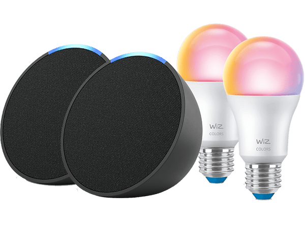 Altavoz inteligente - Amazon Echo Pop + Bombilla Wiz, Pack 2 Echo Pop + 2 Bombillas WiZ, Bluetooth con Alexa de Sonido Potente y Compacto, Negro