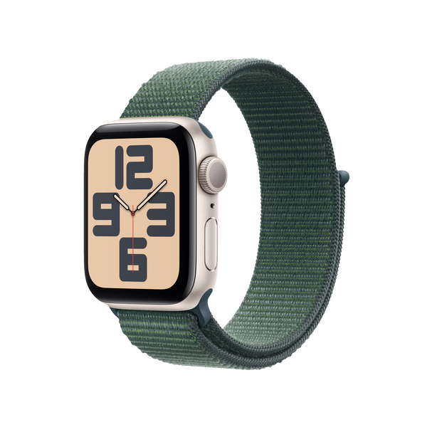 Apple Watch SE (2024), GPS + Cellular, 40 mm, Caja de aluminio Blanco estrella, Vidrio delantero Ion-X, Correa Loop deportiva Verde lago