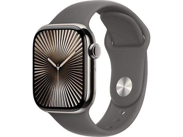 Apple Watch Series 10 (2024), GPS + Cellular, 42 mm, Gesto de doble toque, Caja de titanio Natural, Correa deportiva Gris piedra, Talla S/M