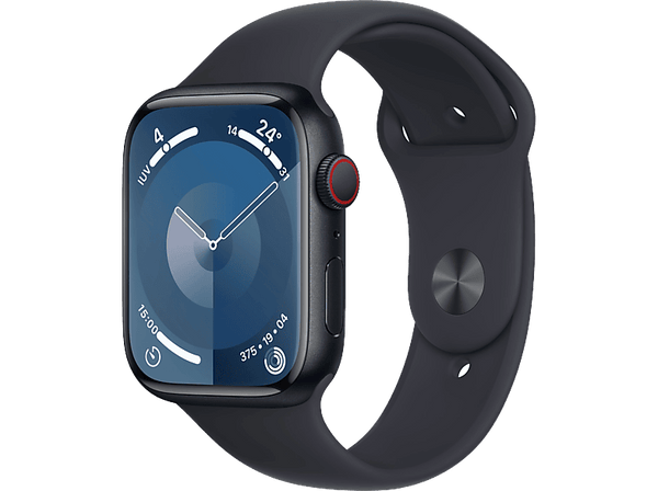 Apple Watch Series 9 (2023), GPS+CELL, 45 mm, Gesto de doble toque, Caja de aluminio medianoche, Correa deportiva medianoche, Talla S/M