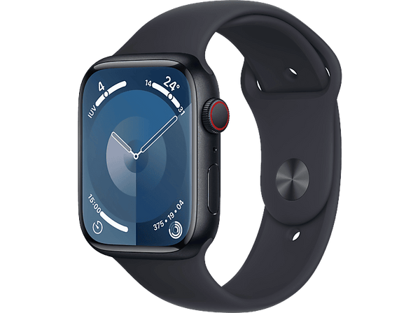 Apple Watch Series 9 (2023), GPS+CELL, 45 mm, Gesto de doble toque, Caja de aluminio medianoche, Correa deportiva medianoche, Talla S/M