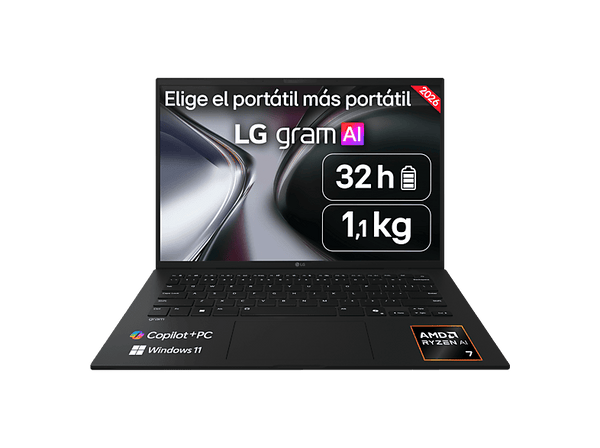 Portátil - LG Gram 14Z95U-G.AU85BN Copilot+ PC, 14" WUXGA, AMD Ryzen™ AI 7 450 50 TOPS, 32GB RAM, 512 GB SSD, Windows 11 Home, Sin cargador