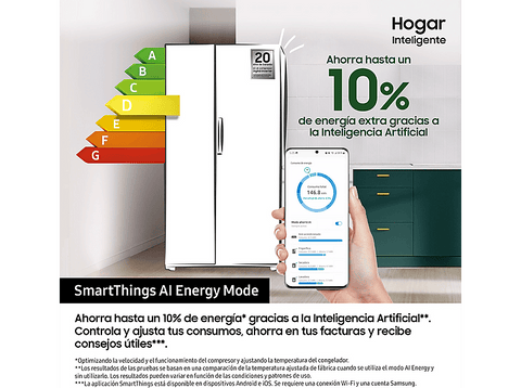 Frigorífico americano - Samsung Bespoke AI RS70F64KETEF, All Around Cooling, No Frost, 178.4 cm, 640 l, Dispensador agua y hielo, Inox