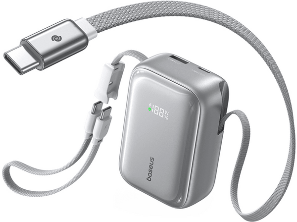 Powerbank - Baseus PicoGo AR11, 10000MAH, 45 W, , 2 USB-C, Carga rápida, 2 cables USB-C, Pantalla inteligente, Carga simultánea, Plata Frost