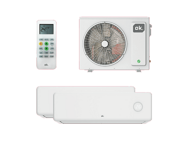 Aire acondicionado Split 2 x 1 - ok. OAC 140226 ES SET, 3500 fg/h, Inverter, Temporizador 24h, WiFi Opcional, Auto-Limpieza, Blanco