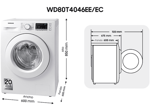 Lavadora secadora - Samsung WD80T4046EE/EC, 8 kg/5 kg, 1400 rpm, EcoBubble™, Programas de vapor, Blanco