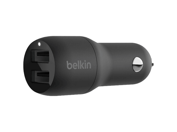 Cargador USB para coche - Belkin CCB001btBK, Dispositivos con carga USB-A, Doble puerto, 24W con 12 vatios por puerto, Negro