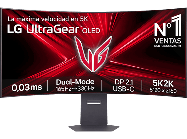 Monitor gaming - LG UltraGear™ 45GX950A-B, 45" 5K2K, Dual Mode (165/330Hz), 0.03 ms, OLED, VA curvo 800R, 2x HDMI, HDR10, Morado grisáceo