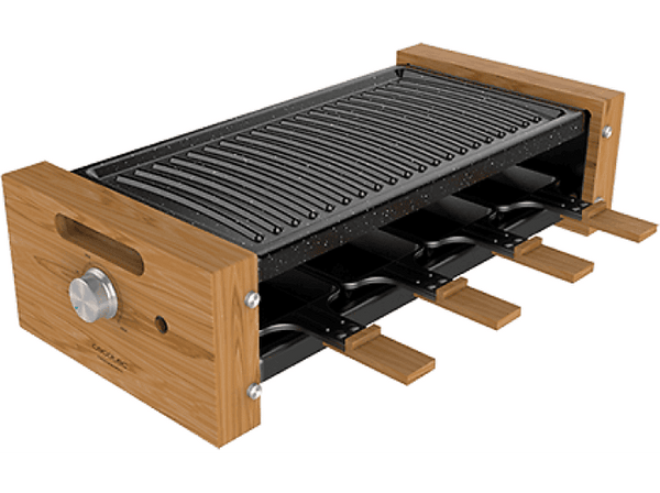 Raclette - Cecotec Cheese&Grill 8200 Wood Black, 1200 W, Placa antiadherente, 8 Sartenes incluidos, Wood Black