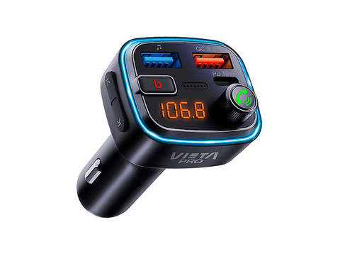 Transmisor FM - Vieta Pro Attach 2, USB-A y USB-C, Bluetooth 5.3, Bass Boost, Negro