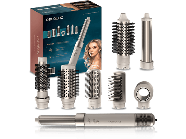 Moldeador - Cecotec Bamba CeramicCare AirGlam W, Tecnología iónica, 8 en 1, 3 velocidades, 3 temperaturas, 8 accesorios, Coanda, Cerámico, White Gold