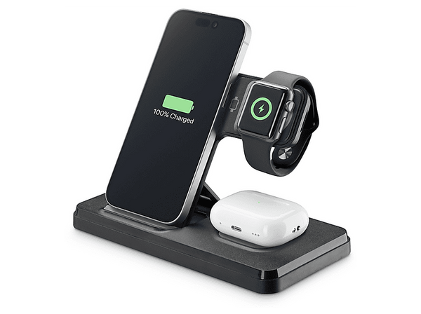 Cargador móvil inalámbrico - CellularLine WIRESTAND3IN1FBK, 3 en 1, Negro