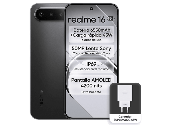 Móvil - realme 16, Negro, 256GB, 8GB RAM, 6.57" FHD FOLED, D6400 Turbo, 6550mAh