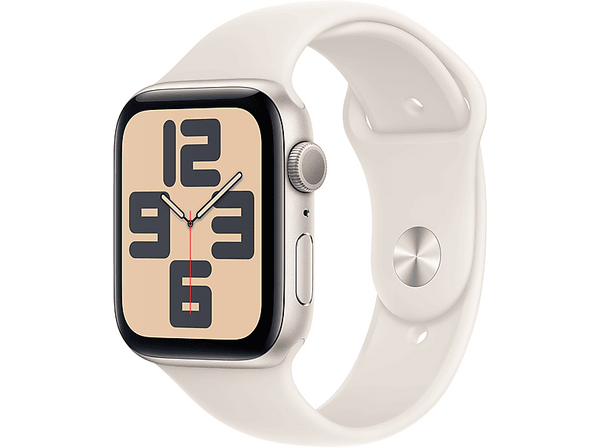 Apple Watch SE (2024), GPS, 44 mm, Caja de aluminio Blanco estrella, Vidrio delantero Ion-X, Correa deportiva Blanco estrella, Talla M/L