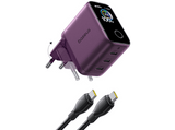 Cargador de pared - Baseus PicoGo AH22,  100W, USB-C, Carga ultrarrápida simultánea, Triple puerto, Pantalla inteligente, Con cable 1m, Dark Cherry