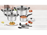 Olla - Tefal Primary set E308S, 11 piezas, Cazo 16 cm, Cacerolas 18/20/24, Tapas de cristal, Espátula, Cuchara, Cucharon, Acero inoxidable, Inducción