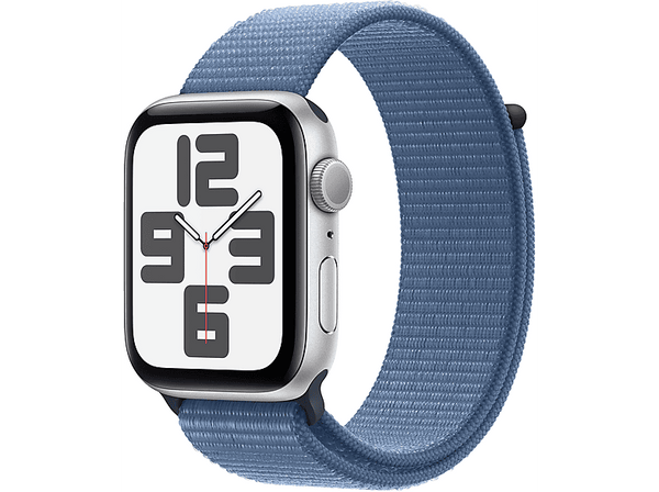 APPLE Watch SE (2023), GPS, 44 mm, Caja de aluminio plata, Vidrio delantero Ion-X, Correa Sport Loop azul invierno