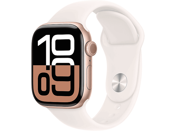 Apple Watch Series 10 (2024), GPS, 42 mm, Gesto de doble toque, Caja de aluminio Oro rosa, Correa deportiva Rosa rubor, Talla M/L