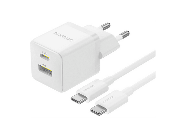 Cargador de pared - Baseus PALM, 30W, USB y Tipo-C, Kit con cable Tipo-C de 100 cm, Universal, Blanco