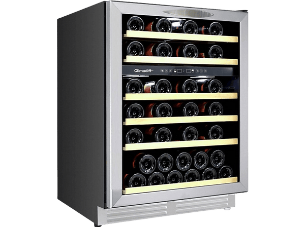 Vinoteca - Climadiff CBU51D1X, 51 botellas, 6 estantes, 2 zonas de temperatura, LED, 82cm, Inox