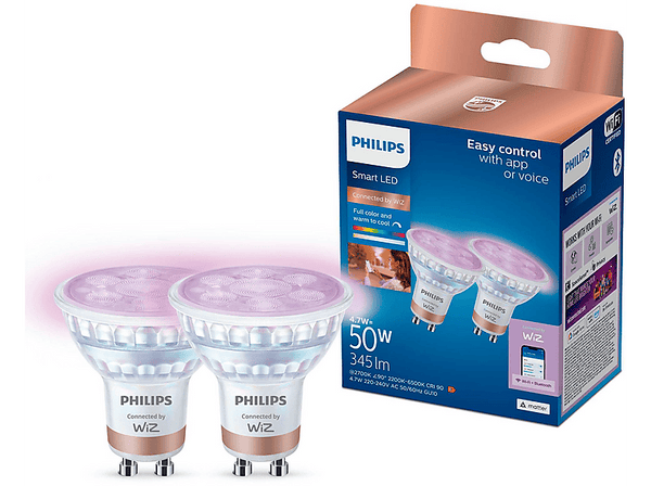 Bombilla inteligente - Philips  PHI WFB 50W GU10 GLASS 922-65 RGB 2PF/6, Luz blanca y multicolor, Pack 2, Blanco
