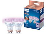 Bombilla inteligente - Philips  PHI WFB 50W GU10 GLASS 922-65 RGB 2PF/6, Luz blanca y multicolor, Pack 2, Blanco