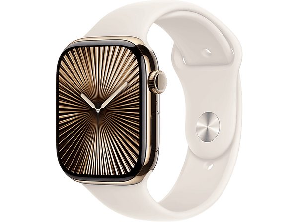 Apple Watch Series 10 (2024), GPS + Cellular, 46 mm, Gesto de doble toque, Caja de titanio Oro, Correa deportiva Blanco estrella, Talla S/M
