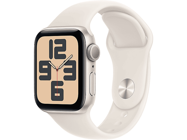 Apple Watch SE (2024), GPS, 40 mm, Caja de aluminio Blanco estrella, Vidrio delantero Ion-X, Correa deportiva Blanco estrella, Talla M/L