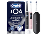 Cepillo eléctrico -  Oral-B iO 6s, Pack doble,  5 modos, Seguimiento con app, Pantalla interactiva, Sensor de presión, Estuche de viaje, Negro y rosa