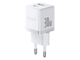 Cargador de pared - Baseus PALM, 30W, USB y Tipo C, Carga rápida, Tamaño extrapequeño, Carga simultánea, Control inteligente de temperatura, Blanco